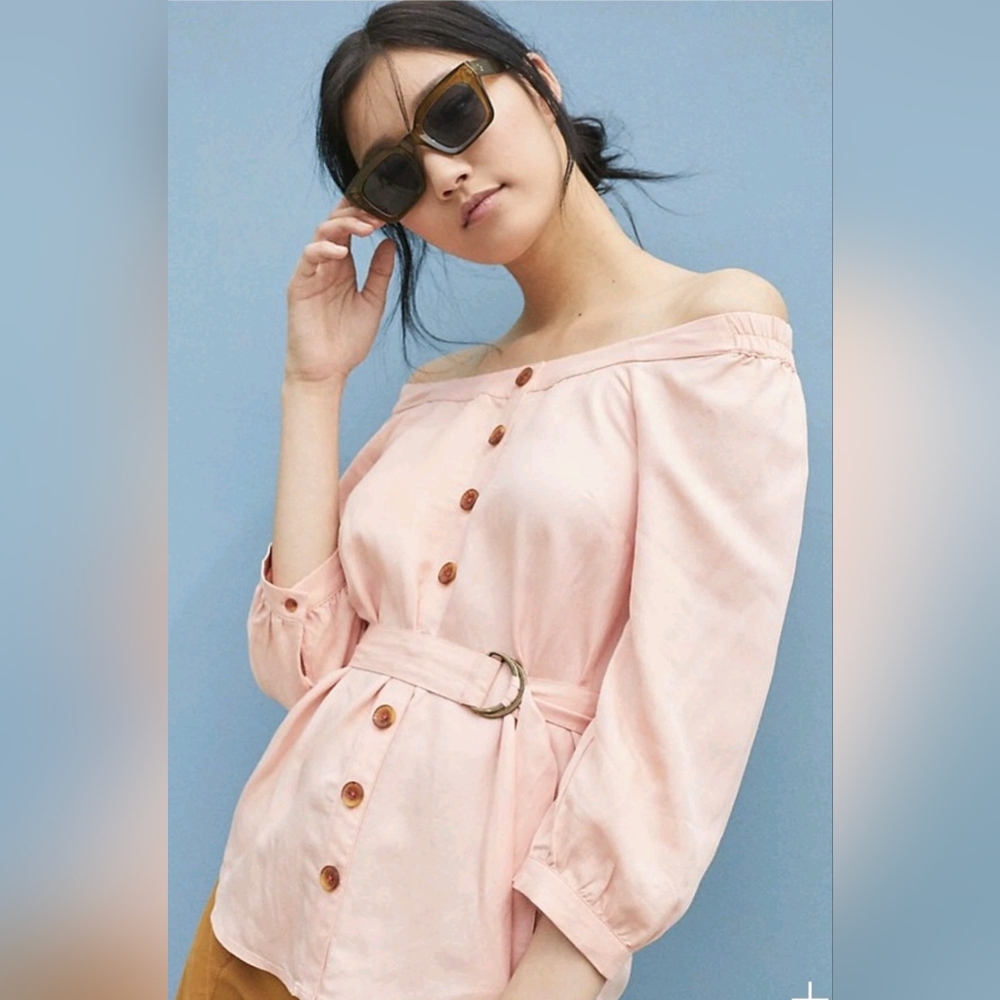 Anthropologie Maeve Off-Shoulder Pink Off Shoulder Top with Belt Sz 4